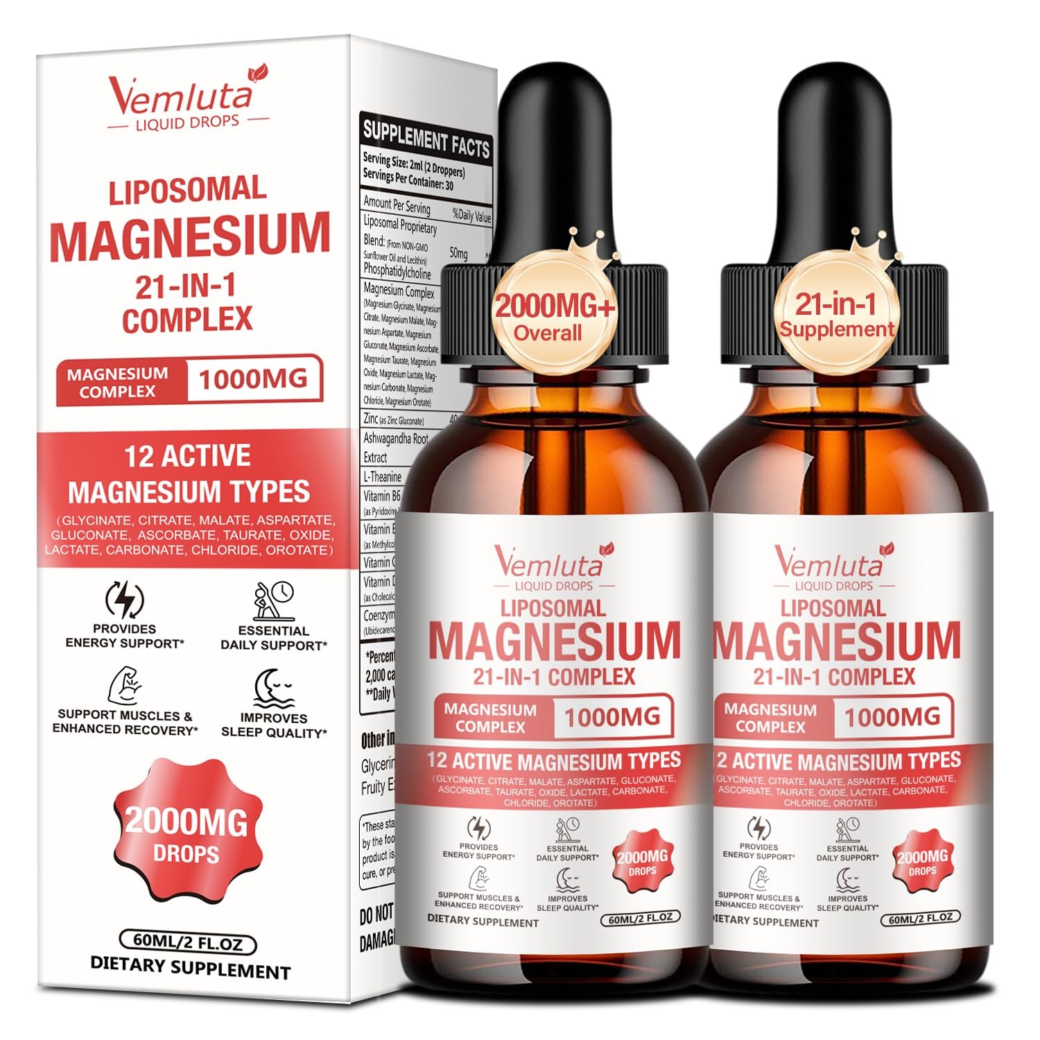 2 Packs 21-in-1 Liposomal 12 Active Magnesium Complex 2 Fl Oz (Pack of 2)