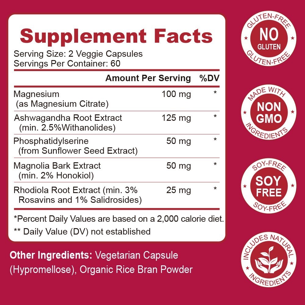Cortisol Reducing Supplement with Ashwagandha & Rhodiola – 1-4Packs Capsules