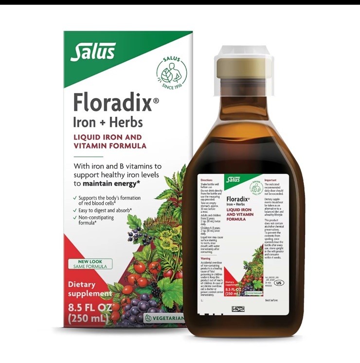 Salus Floradix Iron + Herbs Liquid Vitamin, B6 B12 Thiamin Riboflavin 8.5 fl oz