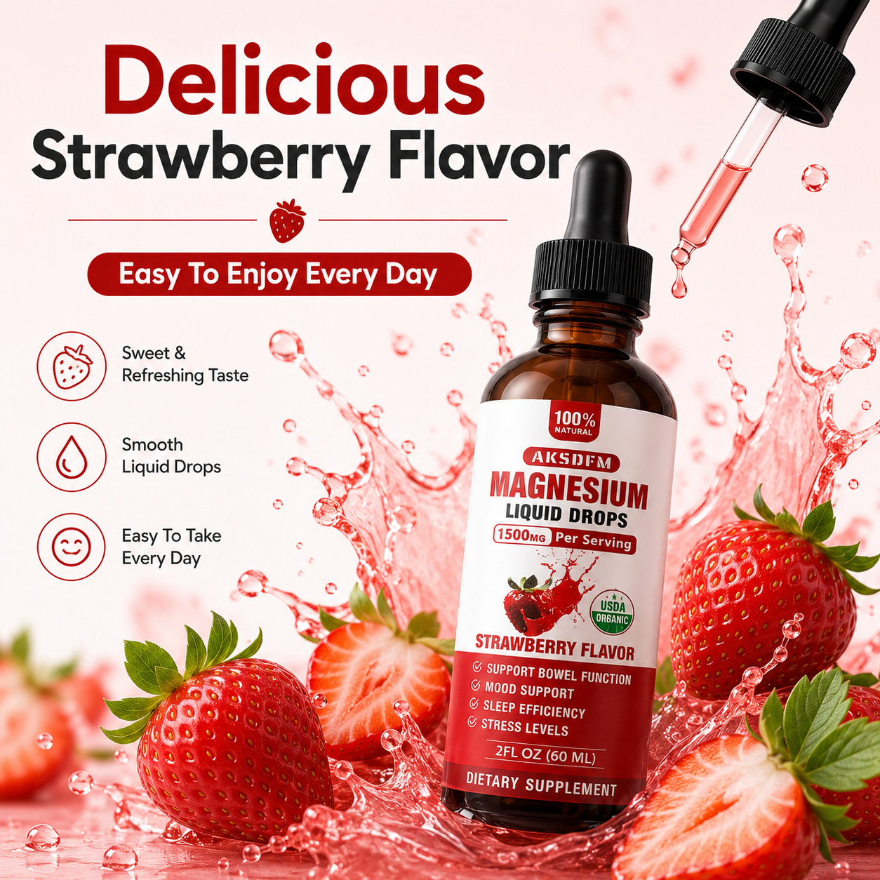 2 Pack Magnesium Liquid Drops 1500mg Strawberry Flavor 2 fl oz (60ml) Vegan Glut