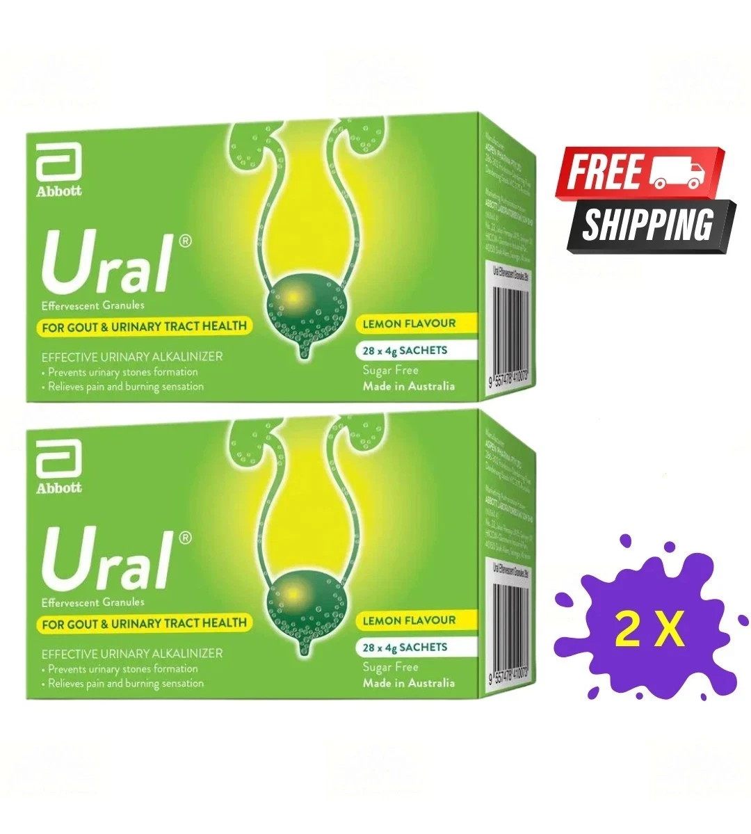 2x Abbott Ural Effervescent Granules Urine Alkalinizer 4g x 28 sachets