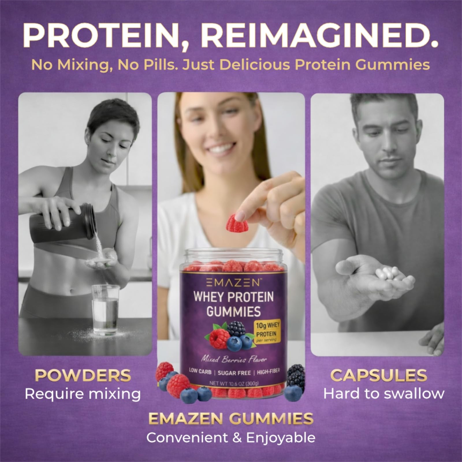 EMAZEN Whey Protein Gummies Mixed Berries Sugar Free Keto 10g Protein 5 Count