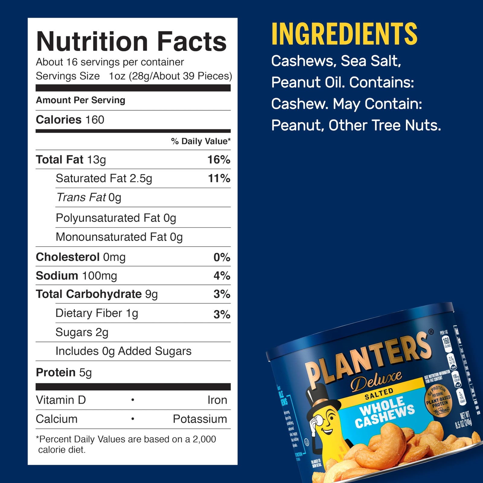 PLANTERS Deluxe Salted Whole Cashews, Party Snacks, 8.5 Ounce (Pack of 1)