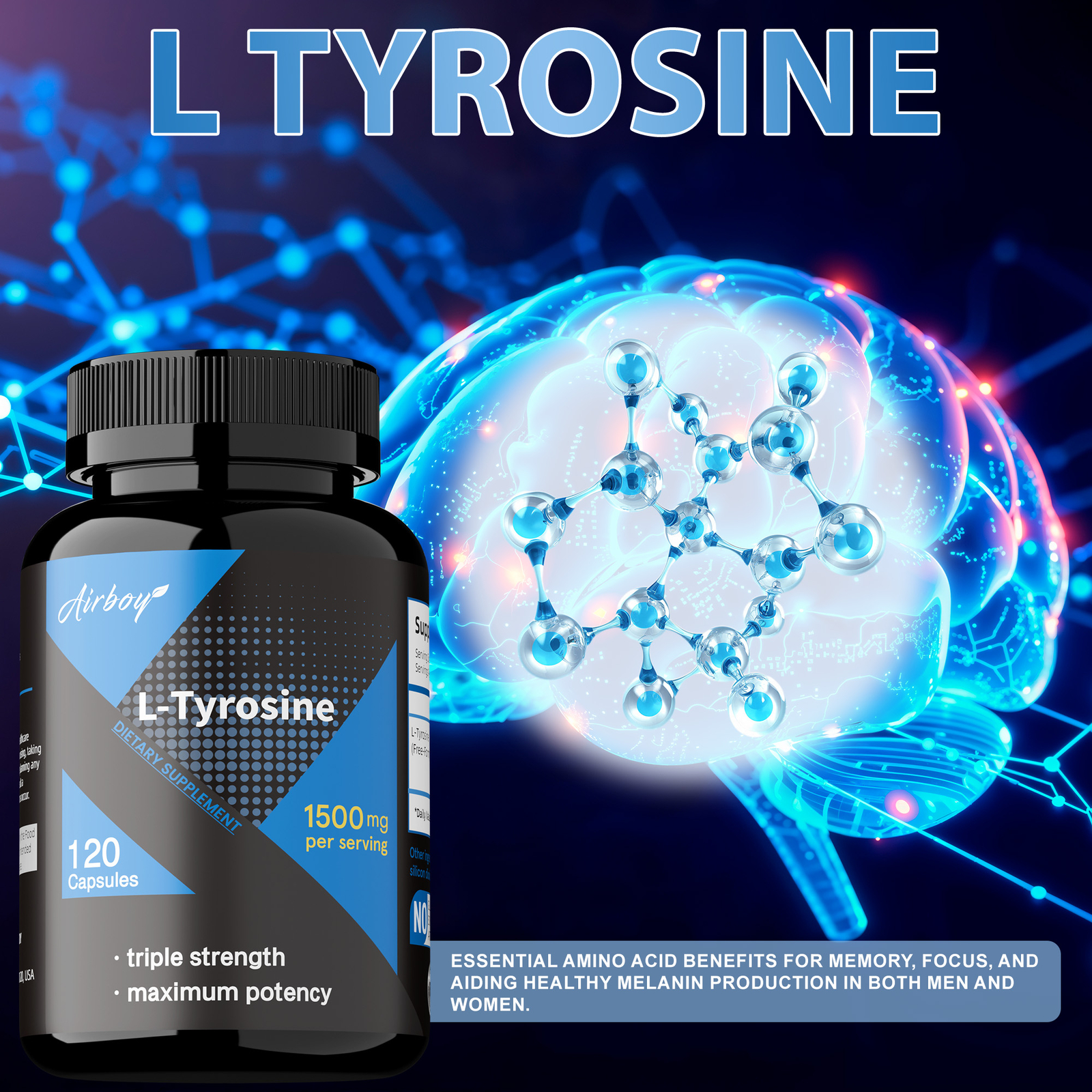L-Tyrosine 1500mg – Support Synthesis of Brain,Neurotransmitters, Non-GMO