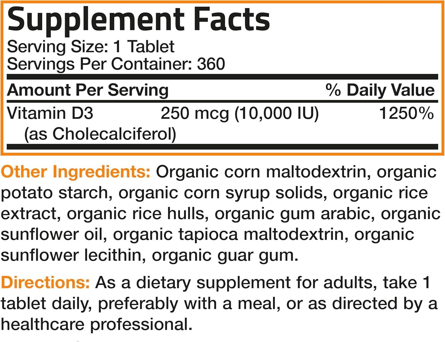 Bronson Vitamin D3 10,000 IU (250 mcg) Certified Organic High Potency Non-GMO D