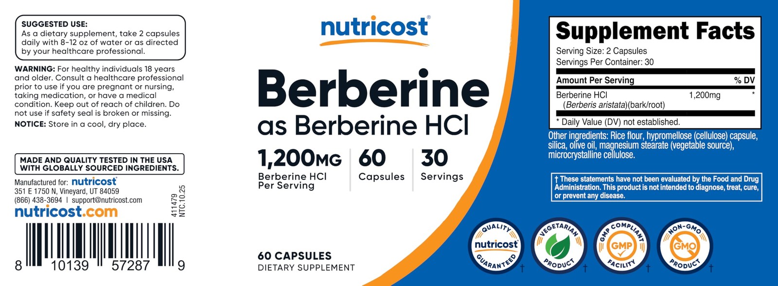 Nutricost Berberine HCl (1,200mg) 60 Capsules, 30 60 Count (Pack of 1)