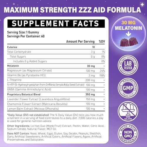 30mg Melatonin Gummies Magnesium GABA Vegan Mixed Berry 60 Count