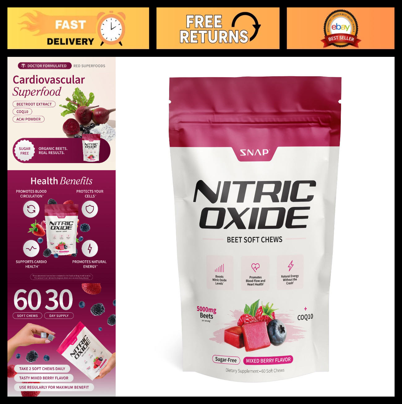 Nitric Oxide Beet Root Chews – 60 Soft Chews, Mixed Berry, 1,250mg, CoQ10 & Acai