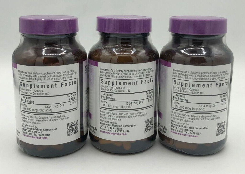 Bluebonnet Nutrition Folic Acid 800 Mcg 180 Veg Capsules Lot of 3 Exp. 01/27