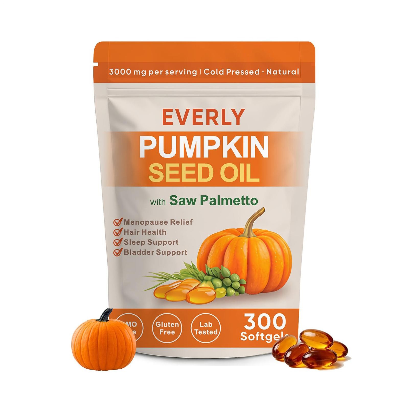 Everly Cold Pressed Pumpkin Seed Oil with Saw Palmetto, 300 Softgels