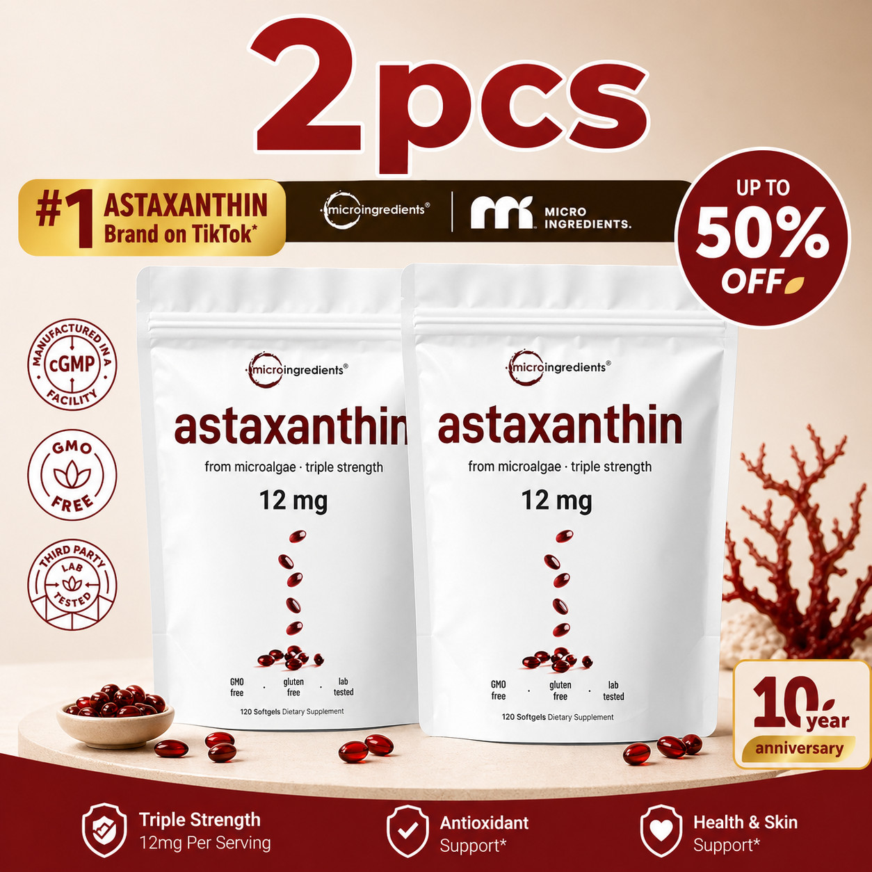 2pac Micro Ingredients Astaxanthin 12mg, 240 Softgels, Dietary Supplement,USA P