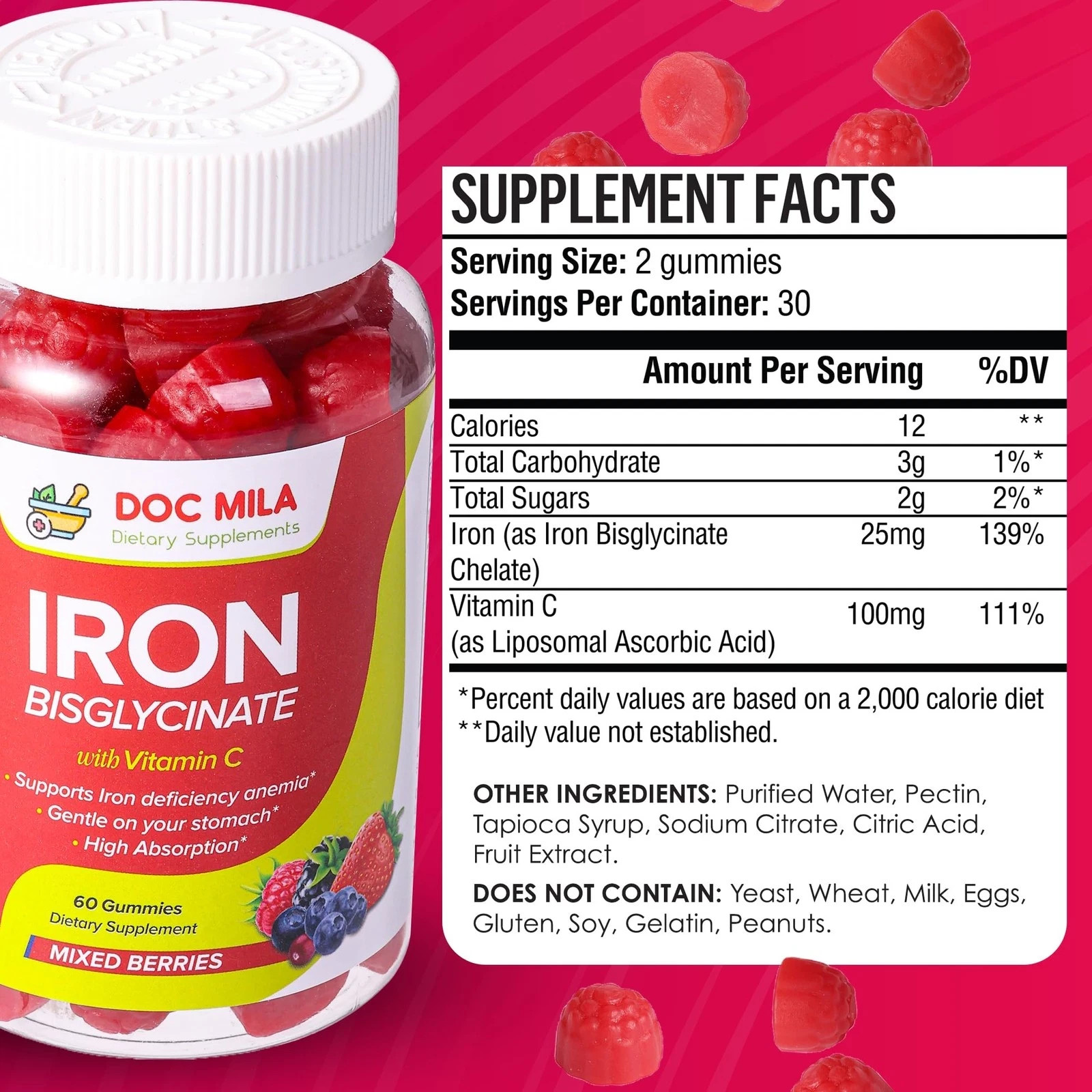 Iron Bisglycinate Gummies 25mg with Vitamin C 60ct Kids & Adults