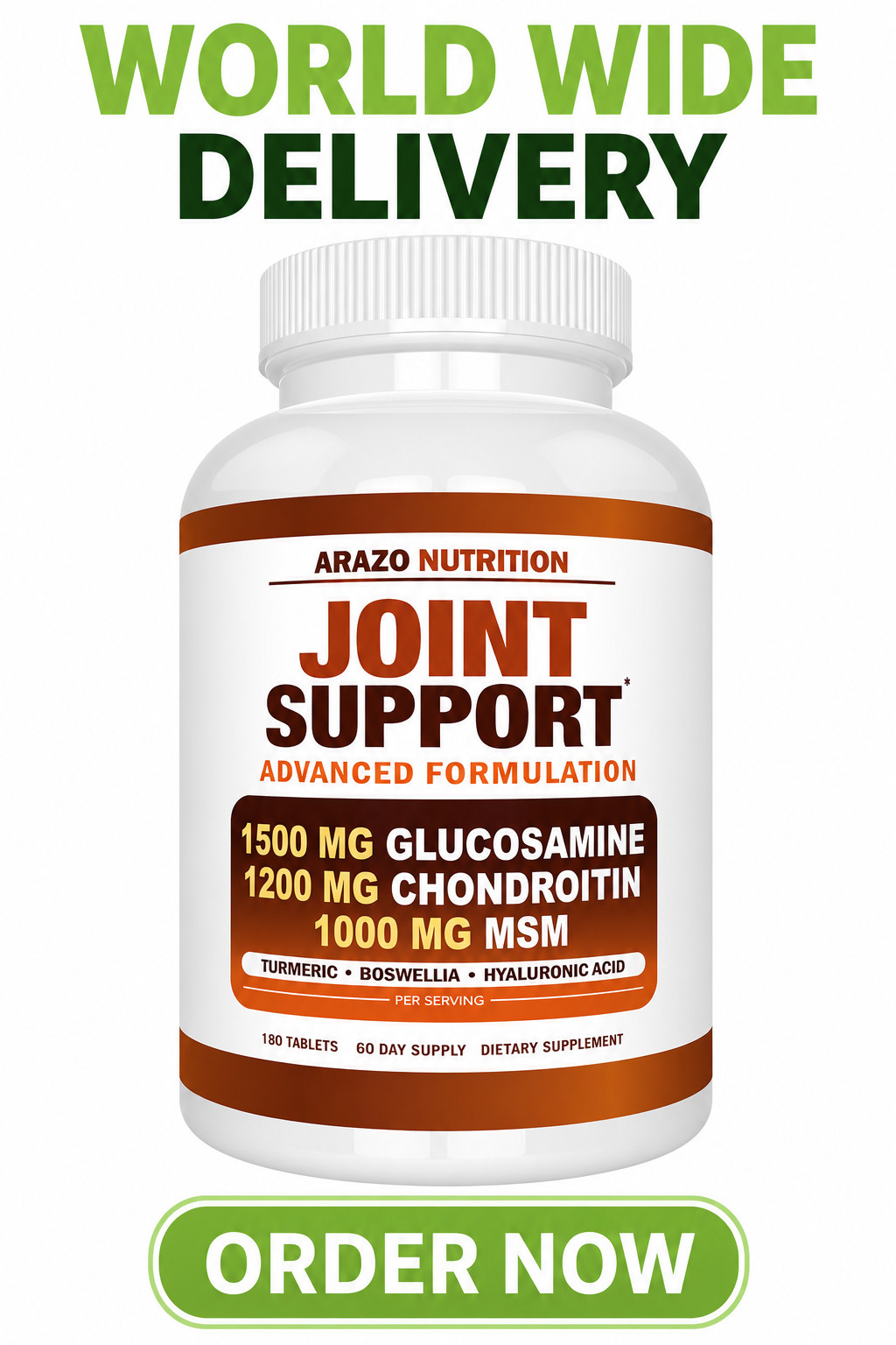 Arazo Nutrition Glucosamine Chondroitin Turmeric MSM Boswellia Joint Support 180