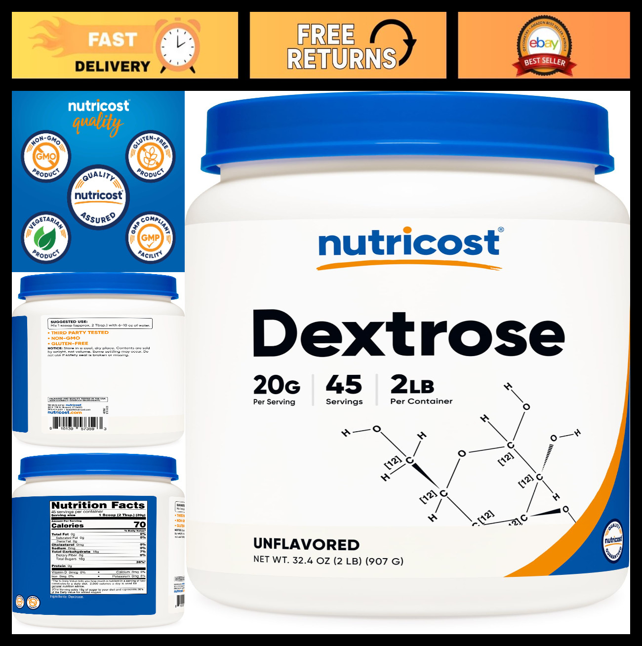 Dextrose Powder 2 LBS – Non-GMO, Gluten Free, Pure Energy Boost, Bulk Supply