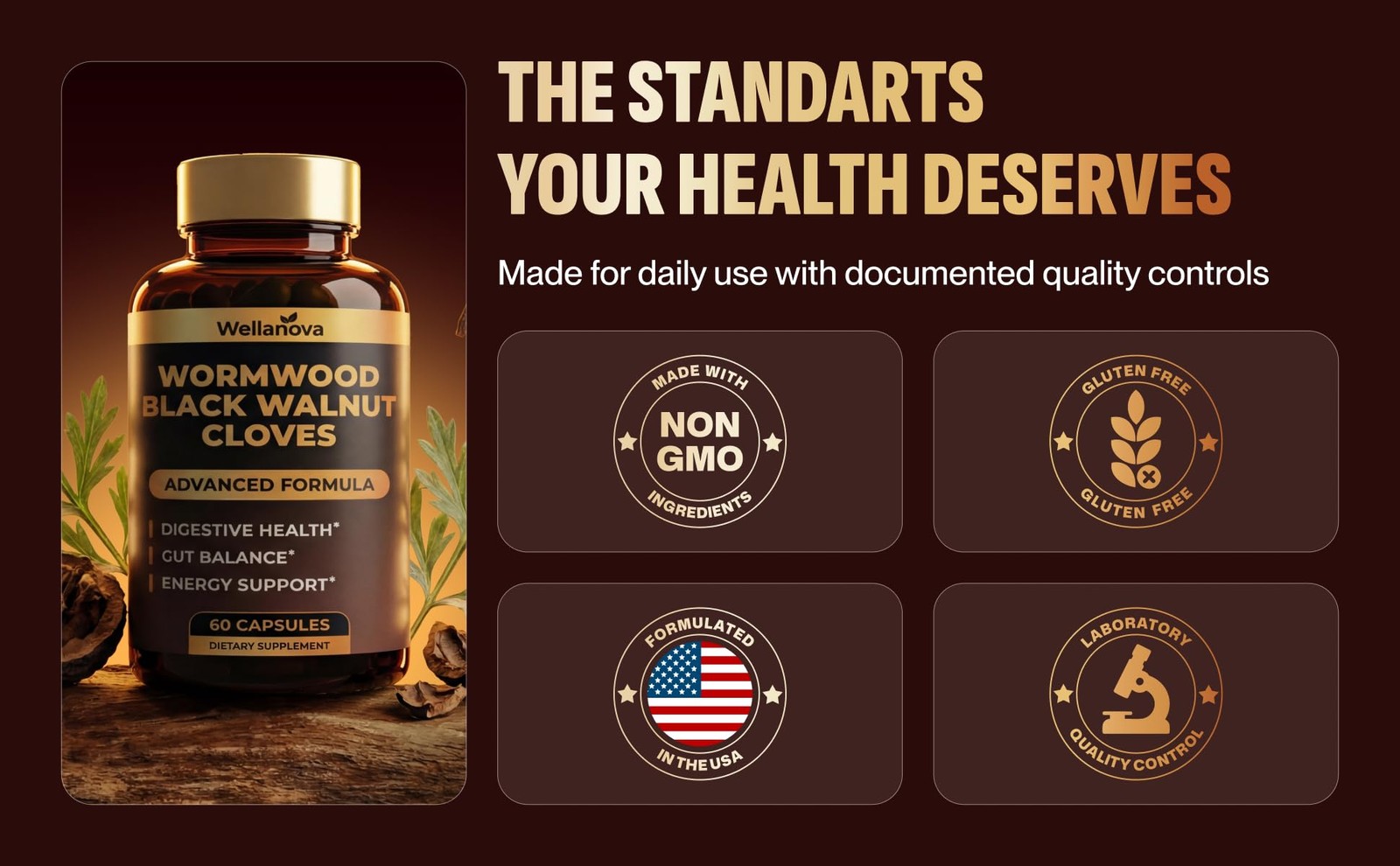 Wellanova Wormwood Black Walnut Clove Cleanse for 1 Count (Pack of 60), White