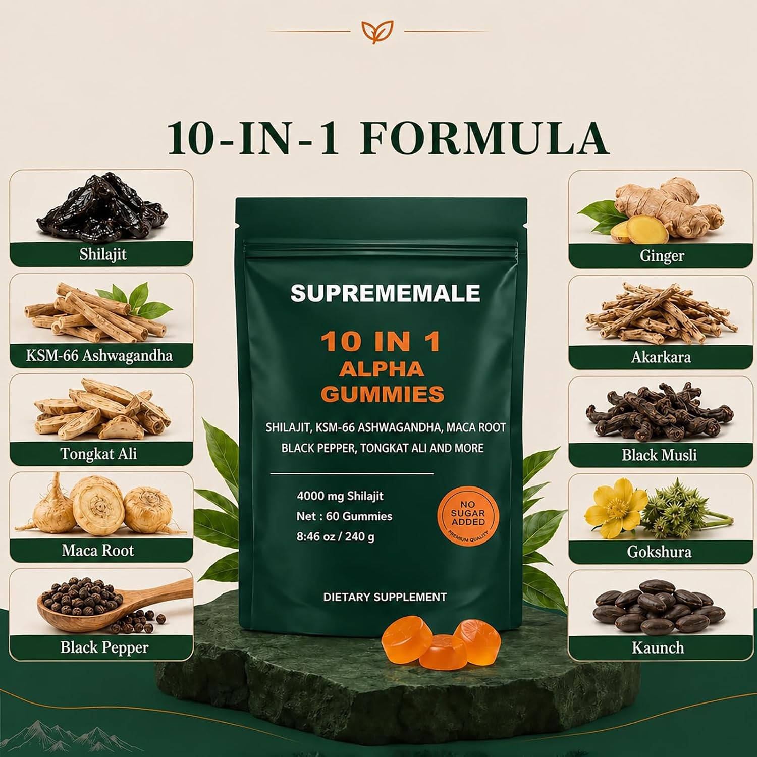 SupremeMale 10 in 1 Alpha Gummies – 4000 mg Herbal Performance Blend with Ashwag