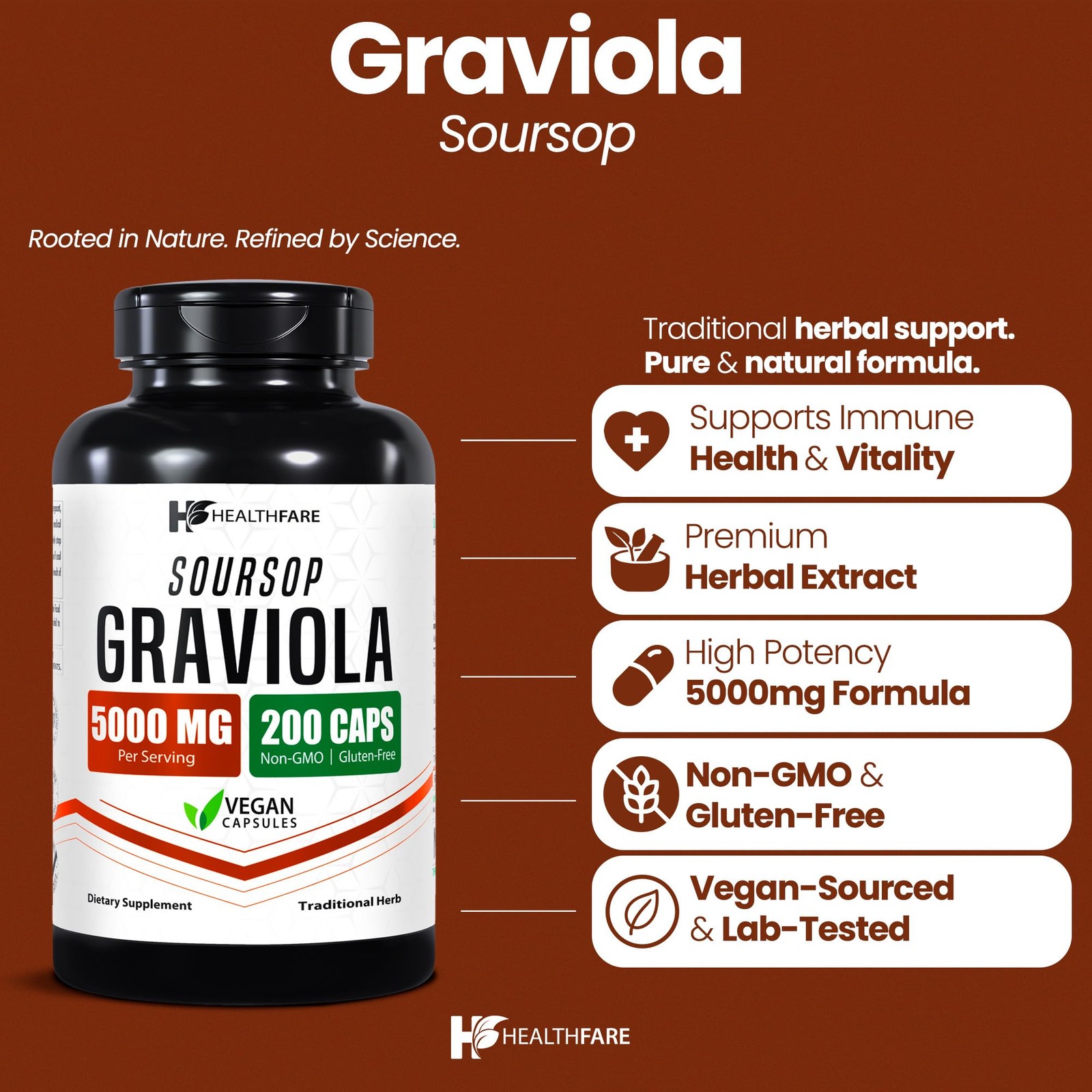 Healthfare Graviola Soursop Extract 5000Mg Annona Muricata 200 Vegan Capsules