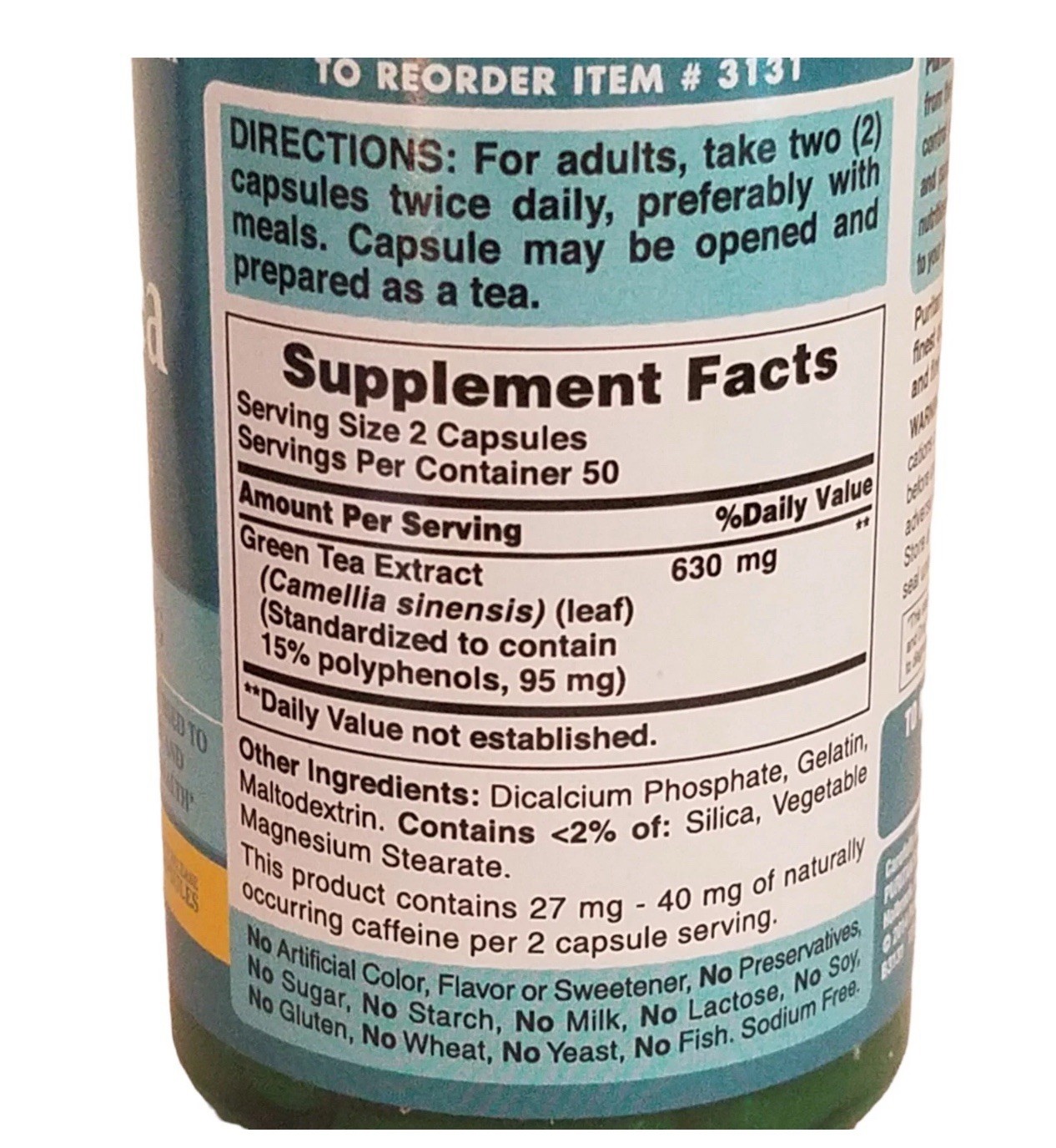 Puritan’s Pride GREEN TEA EXTRACT 315 mg 3×100=300 Rapid Release Capsule 03/27