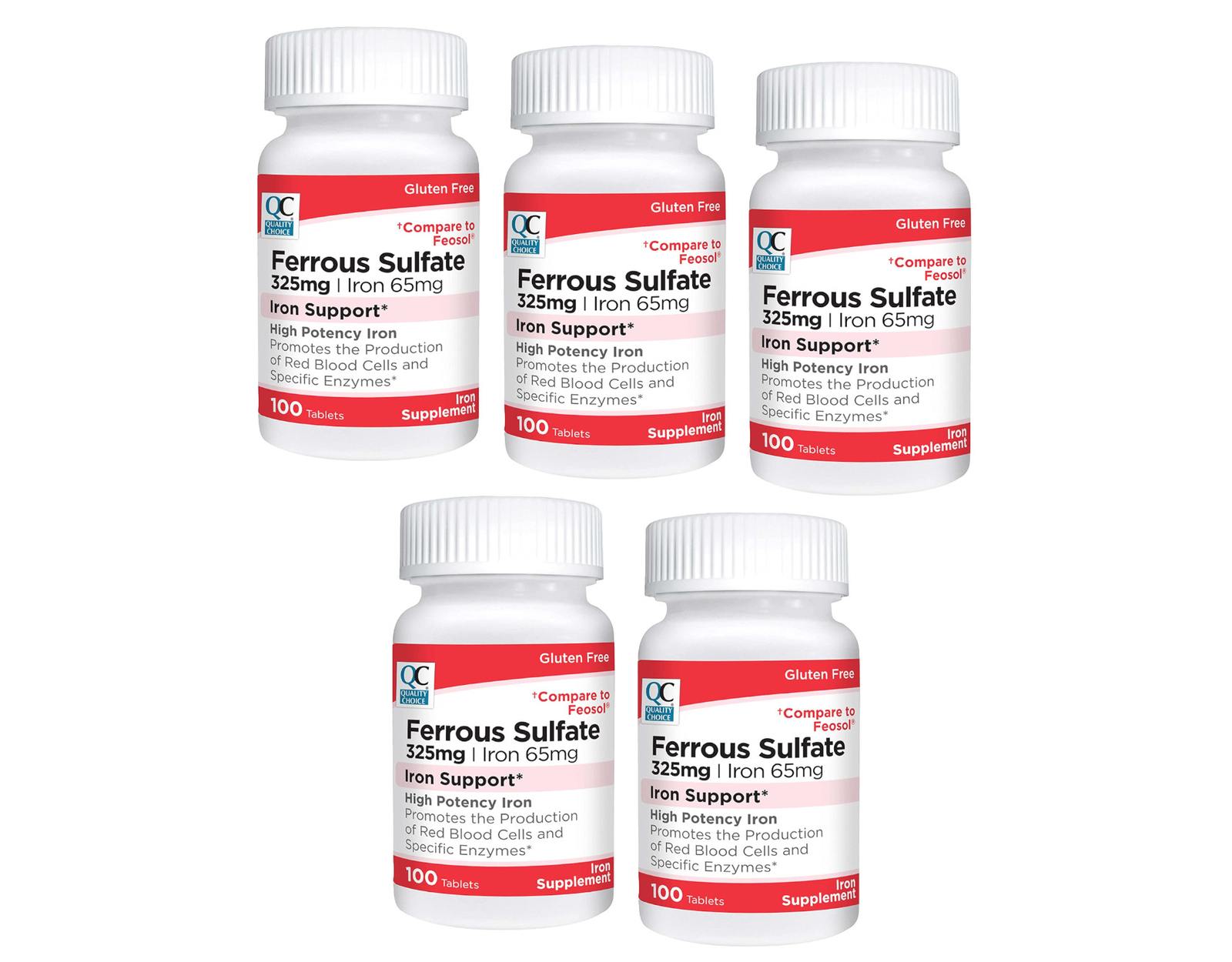 Quality Choice Ferrous Sulfate 325mg Iron Tablets, 100 Count – Pack of 5