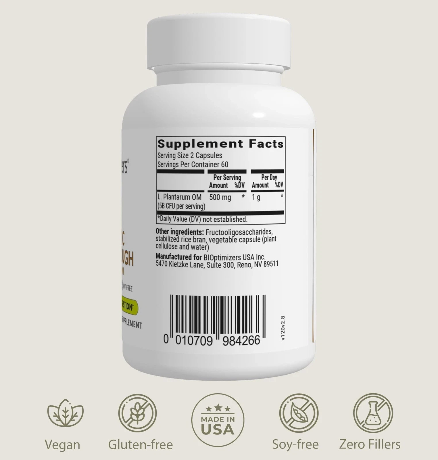 BIOptimizers Probiotic Breakthrough Lactobacillus Plantarum 120 Caps P3-OM NEW!