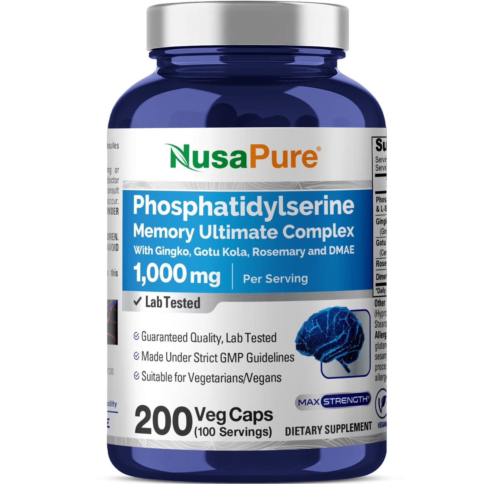 Phosphatidylserine Memory Support 1000mg – 200 Vegan Non-GMO Capsules