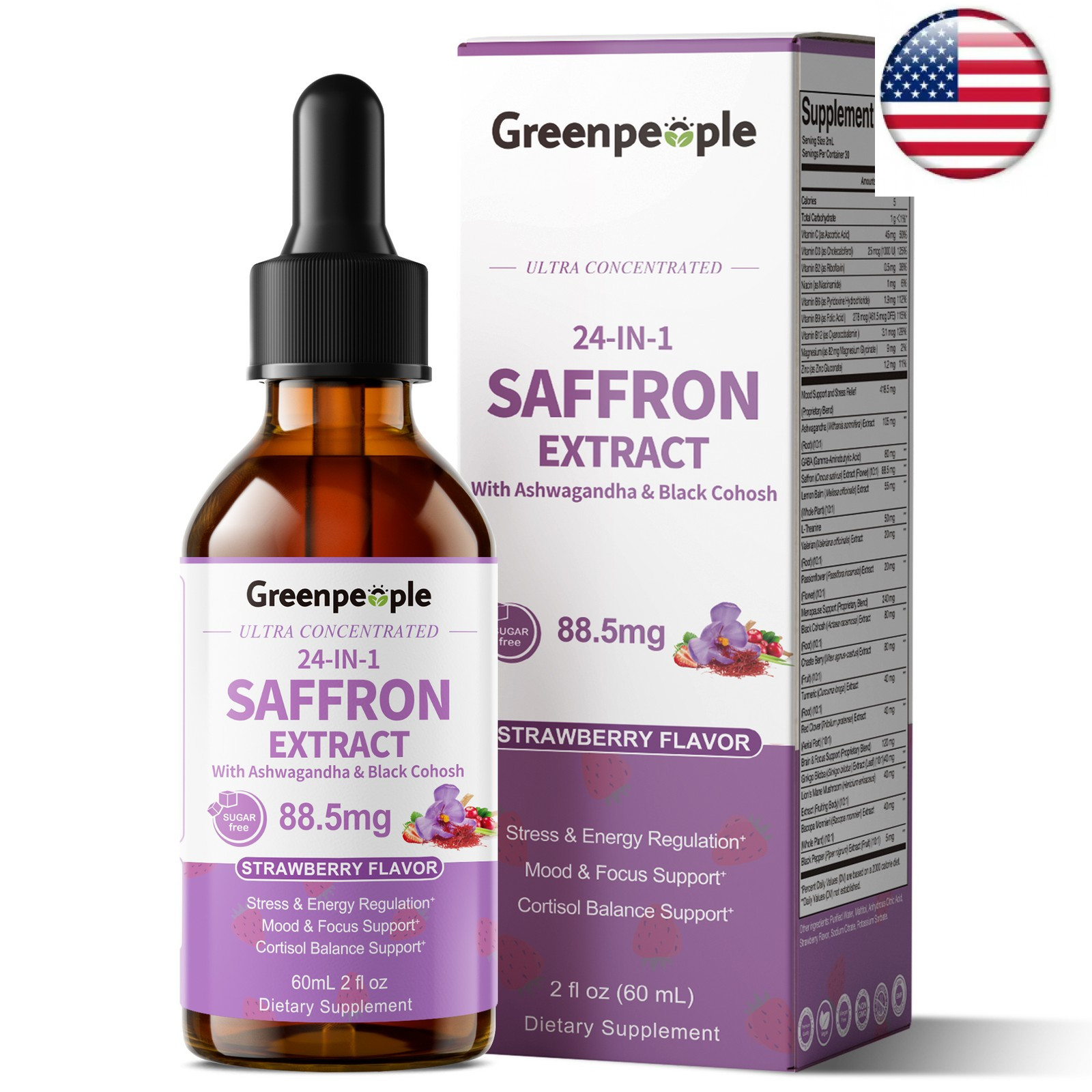 Saffron Supplements 88.5 mg &Ashwagandha, Magnesium, Zinc, B12 & D3 60ml
