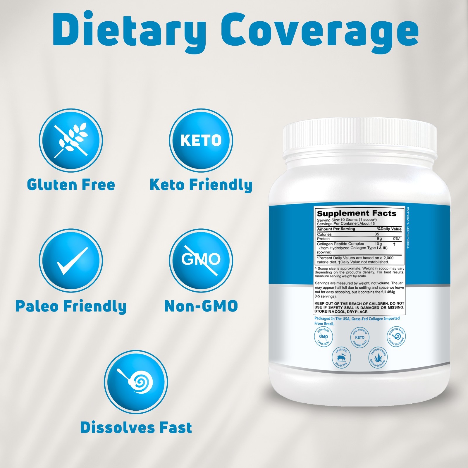 Collagen Peptides Protein Powder 1LB, Type 1&3 Hydrolyzed Bovine Collagen Powder