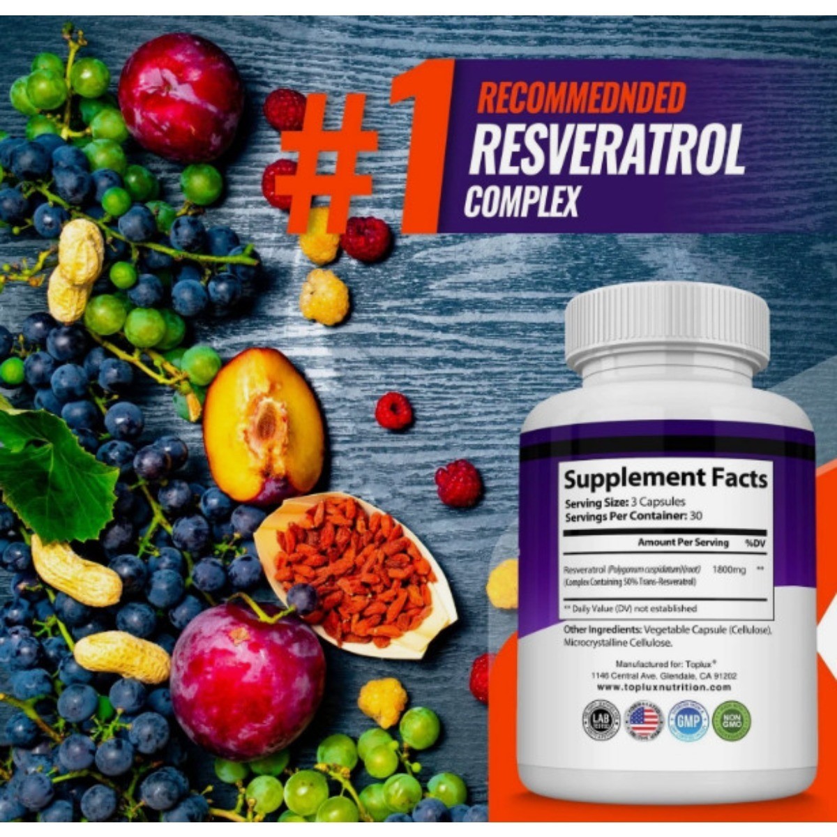 2 BOTTLES- Toplux Resveratrol Complex,1800mg Natural Antioxidant,Cellular Health
