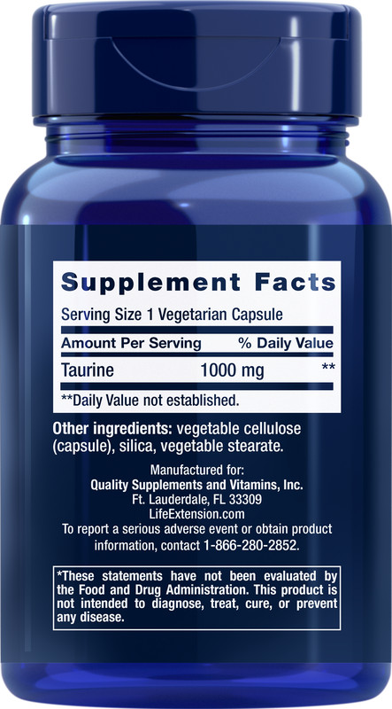 Life Extension Taurine 1000mg Amino Acid 90 caps non-GMO/Gluten Free
