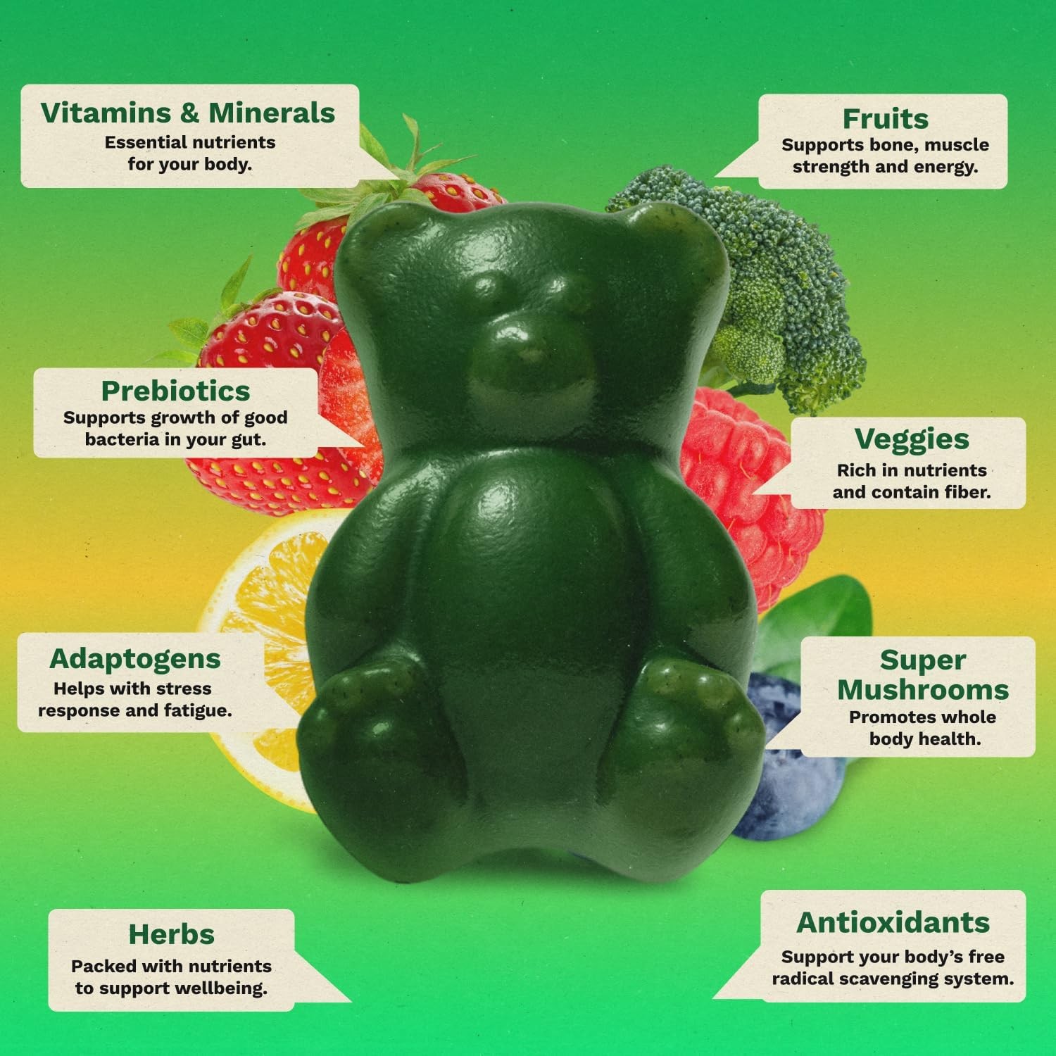 Adult Super Greens Multivitamin Gummies, Superfood Gummy Vitamins for Women& Men