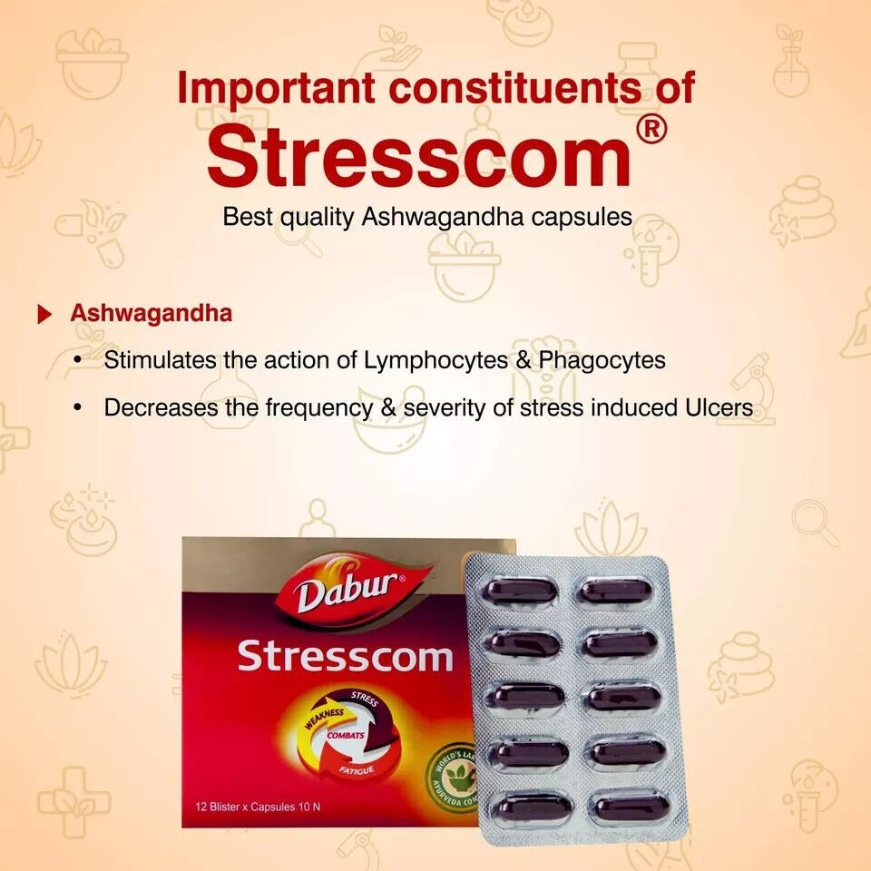 Dabur Stresscom Ashwagandha 120 Capsules Withania Somnifera Extract