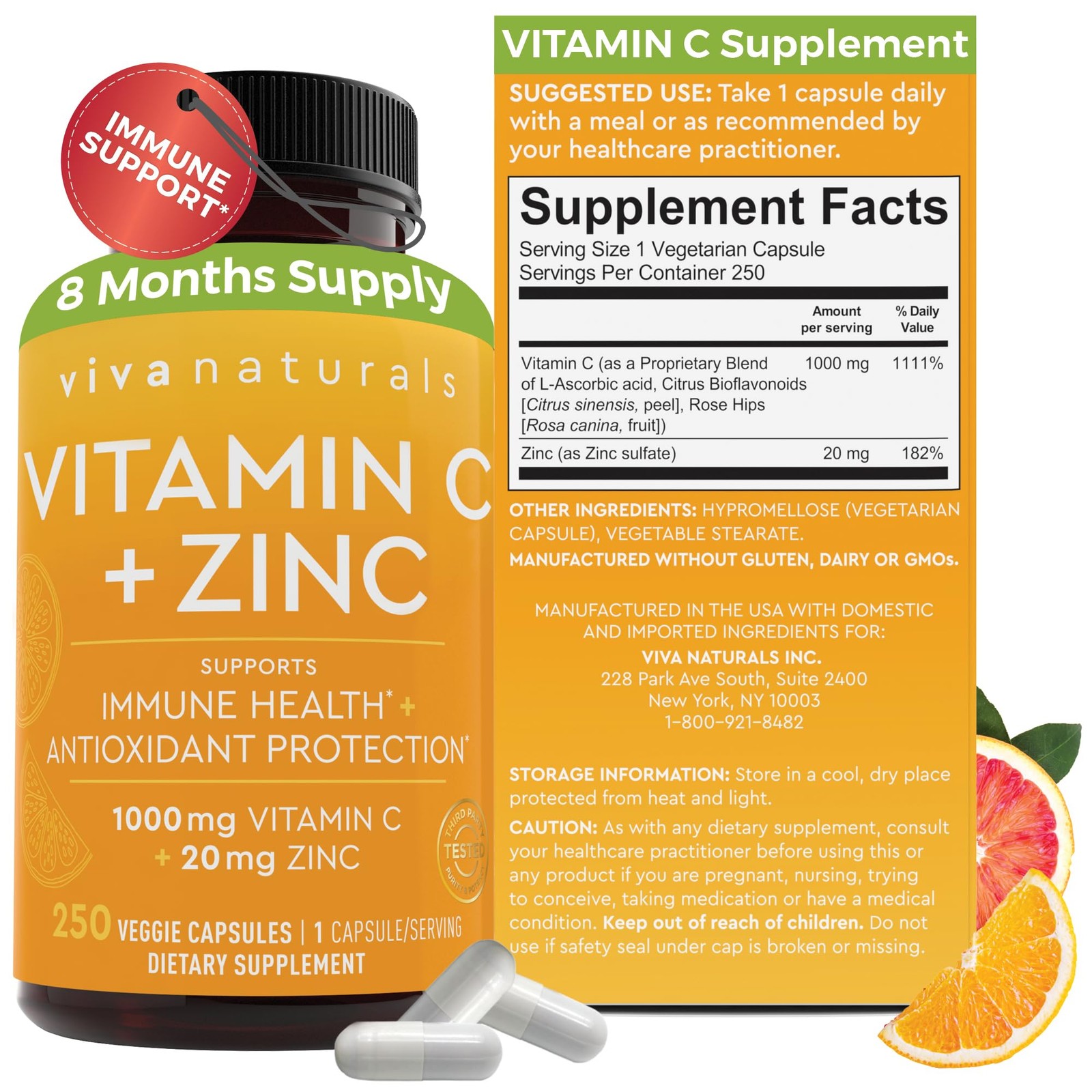 Viva Naturals Vitamin C and Zinc Supplement (250 250 Count (Pack of 1)