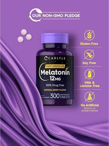 Carlyle Melatonin 12mg Fast Dissolve 300 Tabs Natural Berry Drug Free Vegan.