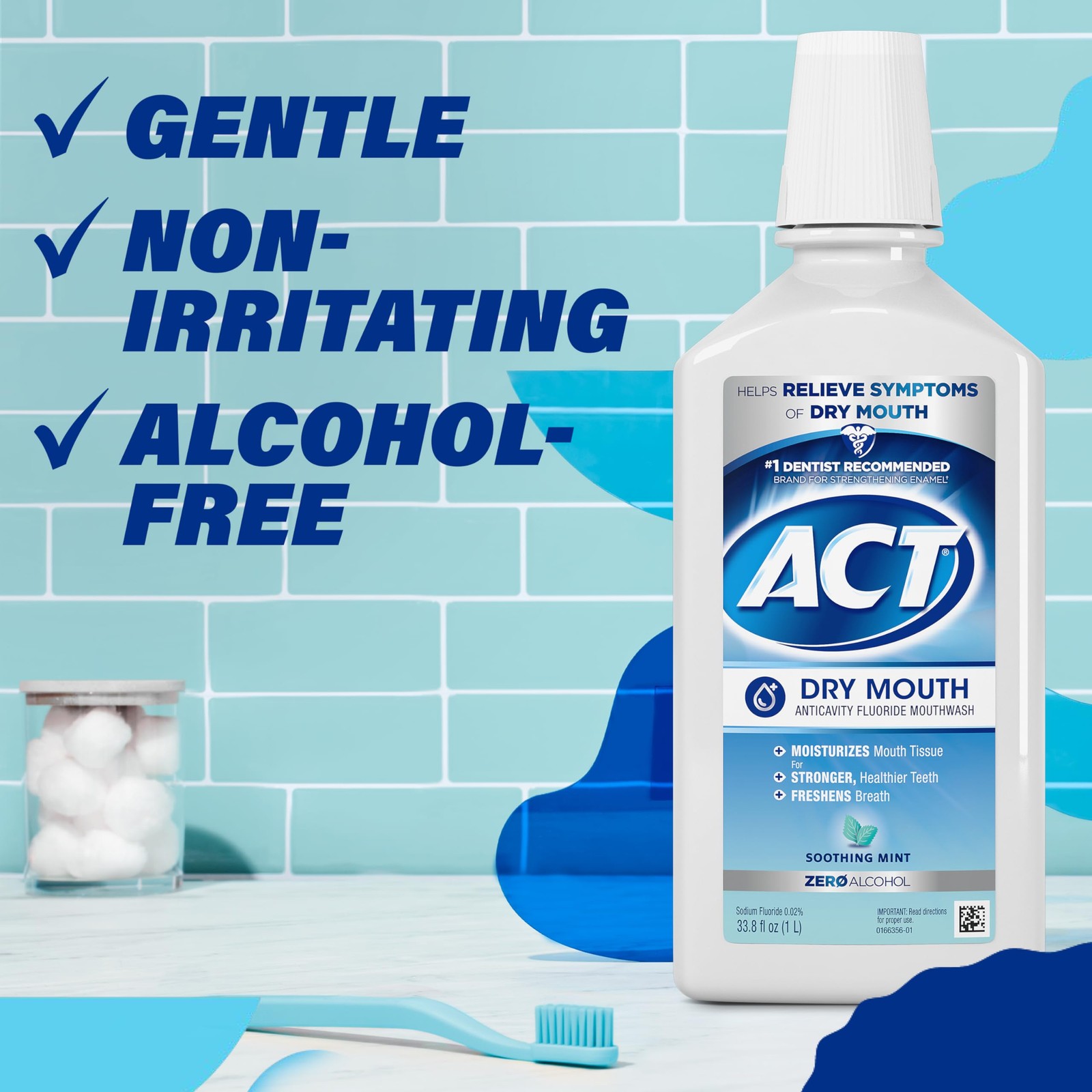 ACT Dry Mouth Anticavity Zero Alcohol Fluoride 33.8 Fl Oz (Pack of 1), Blue