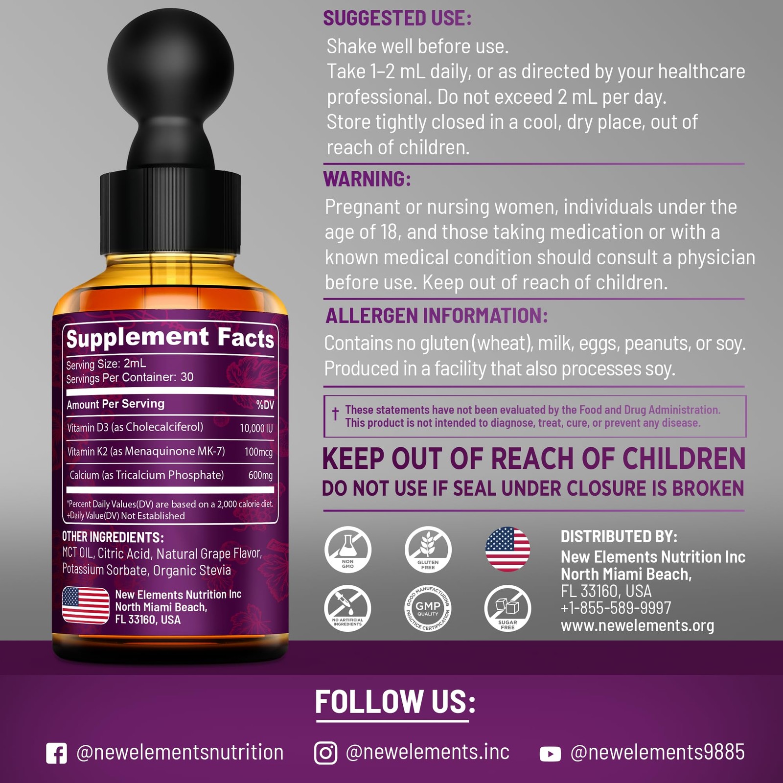 New Elements [2 𝐏𝐚𝐜𝐤] Liquid Vitamin D3 K2 Drops with 2 Fl Oz (Pack of 2)