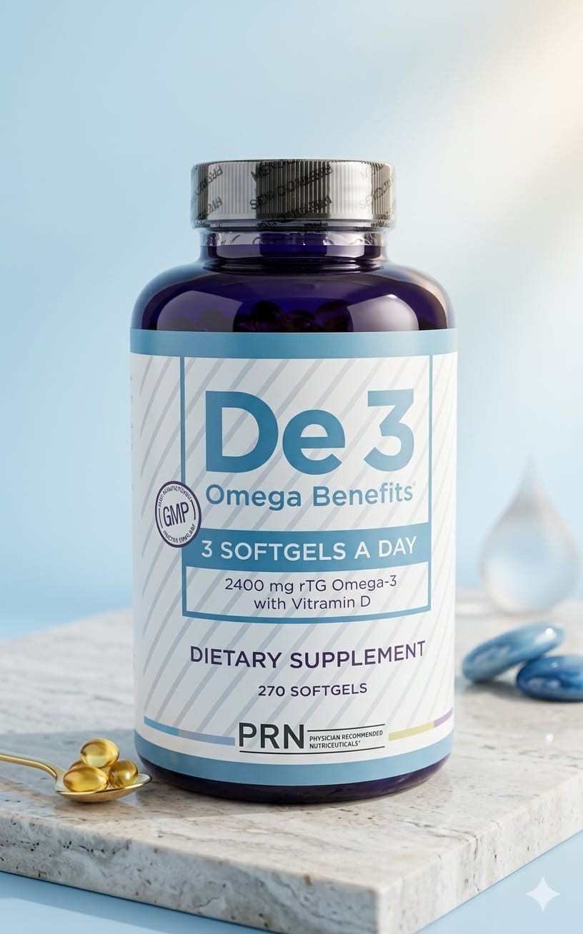 PRN De3 Omega Benefits 2400mg rTG Omega-3 Vitamin D 270 Softgels Eye Health USA.