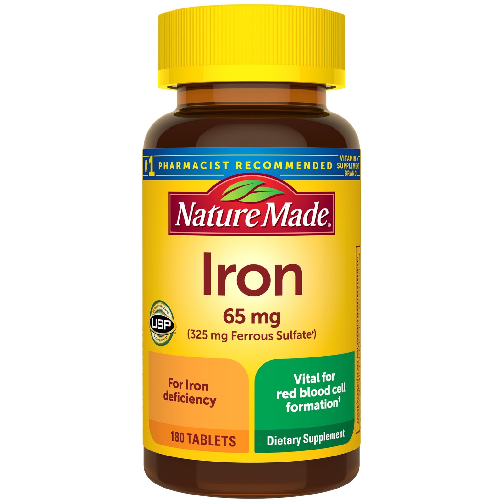 Nature Made Iron 65 mg (325 Ferrous 180 Count (Pack of 1), 180
