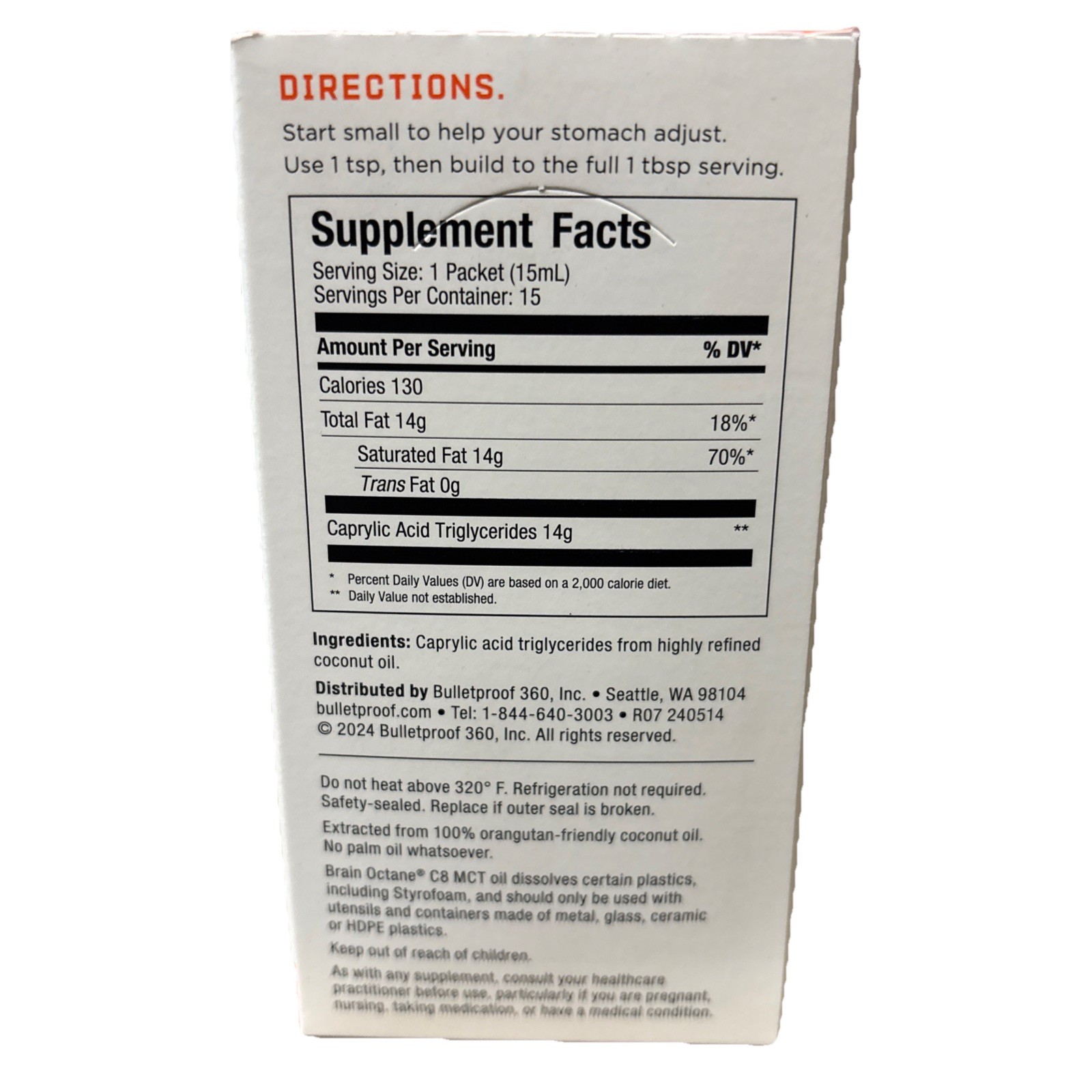 Bulletproof Brain Octane C8 MCT Oil , 15 Pckt , 0.5 fl oz (15 ml) Each 10/2027