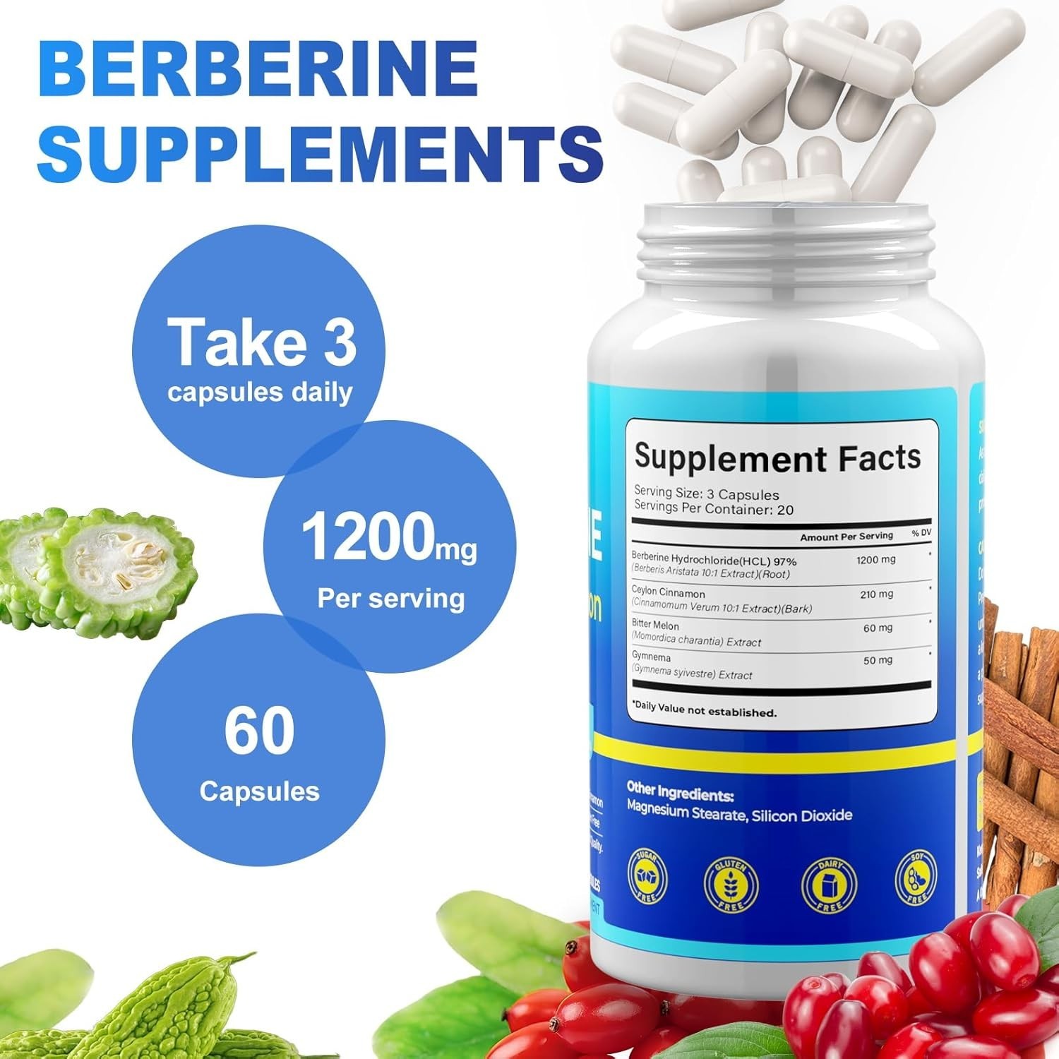 Premium Berberine HCL with Ceylon Cinnamon 1200mg Capsules Supplement Support