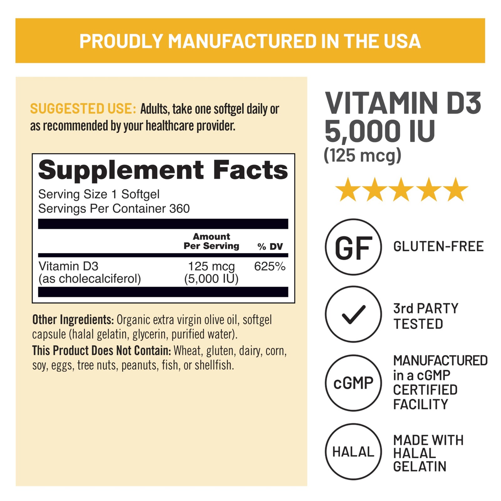 Vitamin D3 5000iu (125 mcg) 1 Year Supply 360