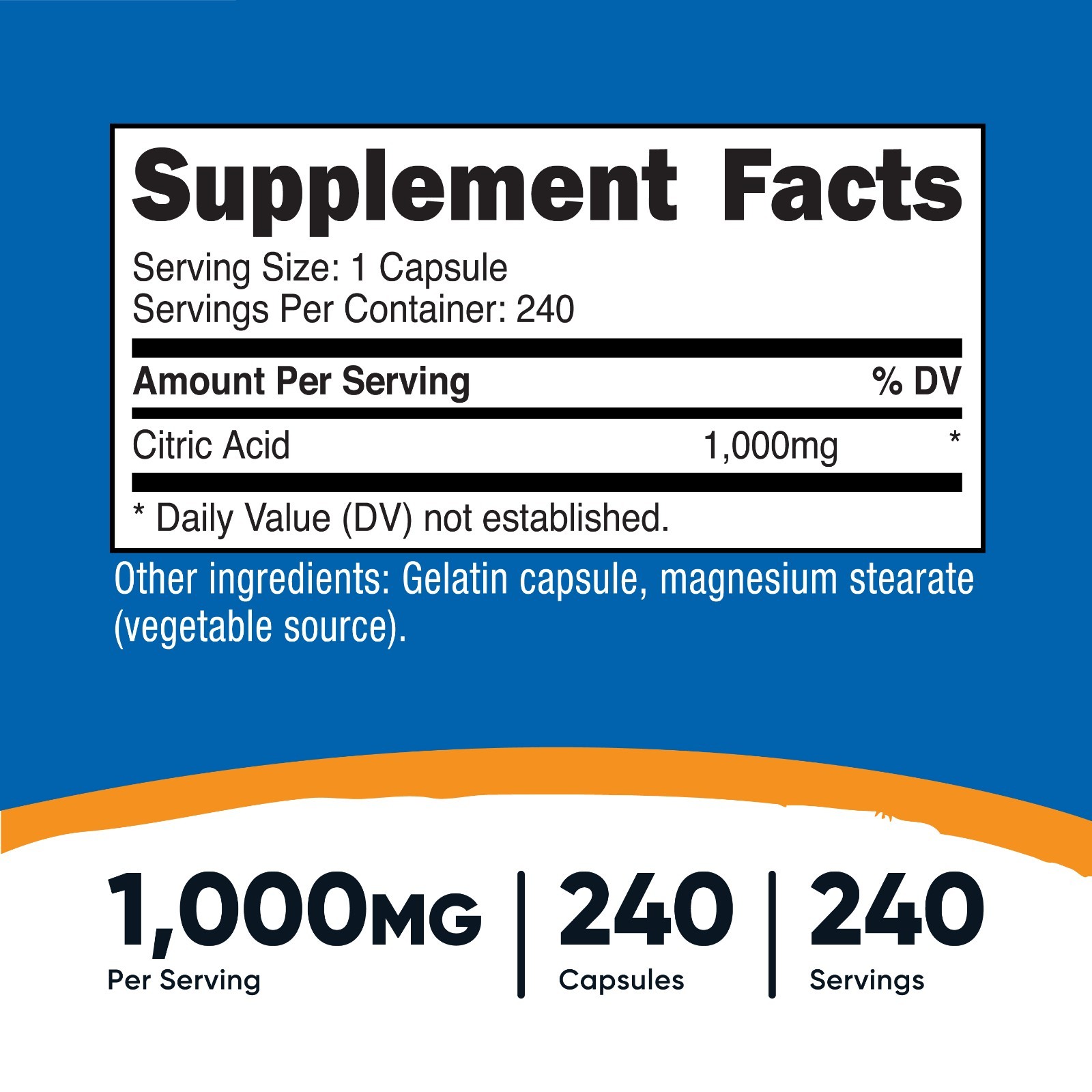 Nutricost Citric Acid 1000mg (1 Gram), 240 Capsules – Gluten Free, Non-GMO