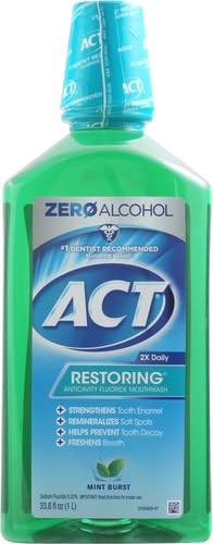 ACT Restoring Zero Alcohol Fluoride Mouthwash 33.8 Fl Oz (Pack of 2), Green