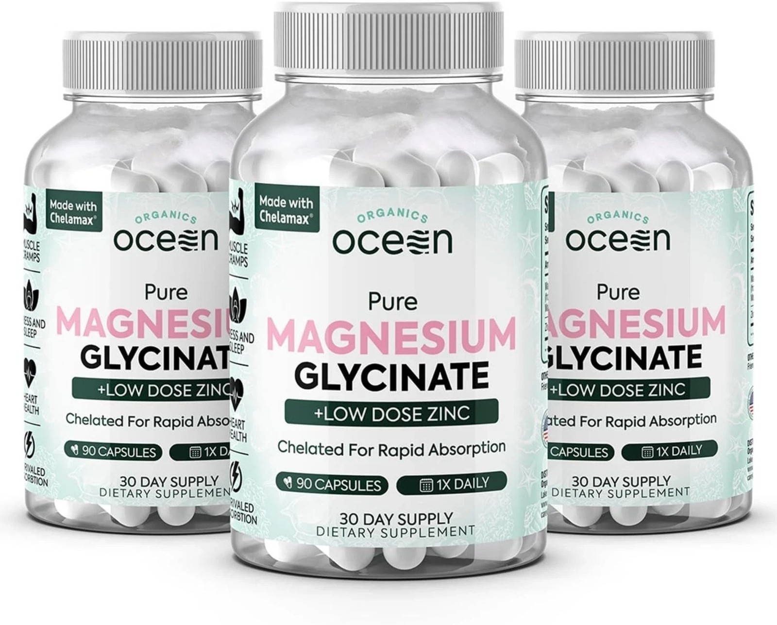 1-3PACKS Organics Ocean Pure Magnesium Glycinate Strength Chelated- 90 CT