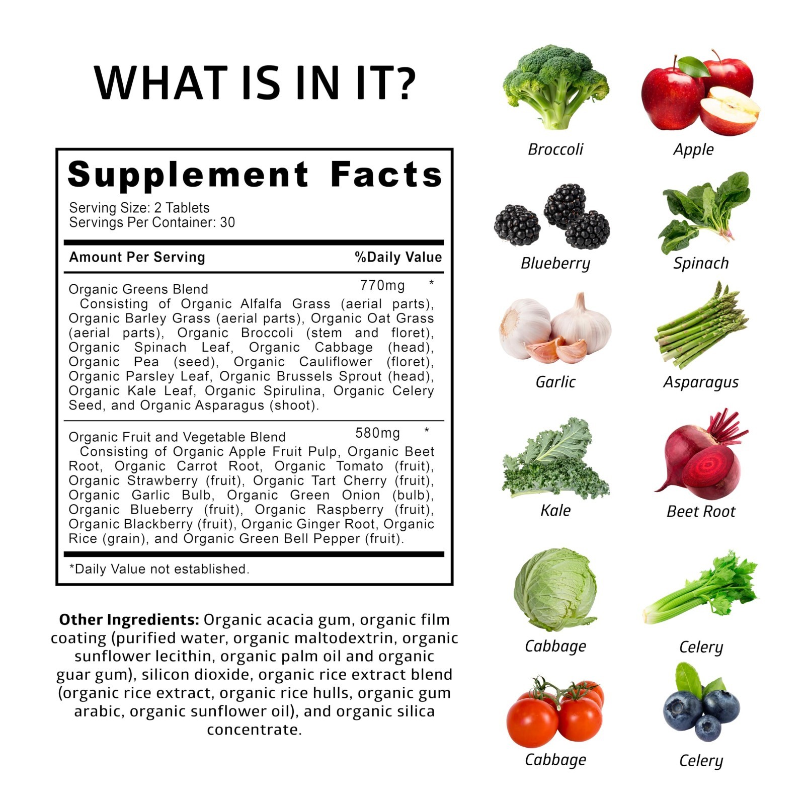 Organic Superfood Greens Tablets – 28 Vegan Ingredients, Non-GMO, Antioxidant, I
