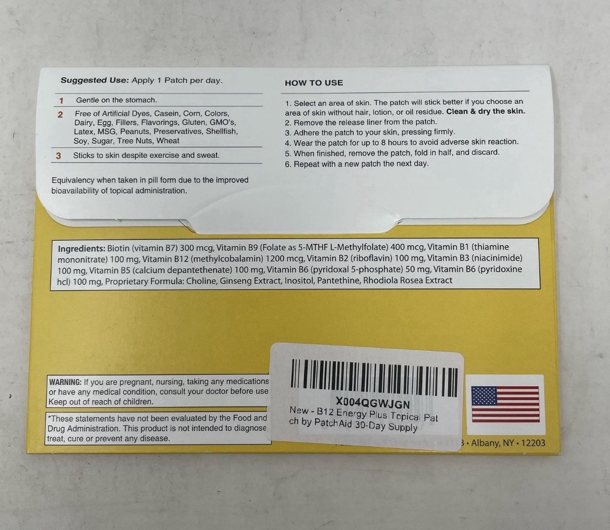 B12 Energy Plus Topical Patch by PatchAid 30-Day Supply – Brand New Sealed