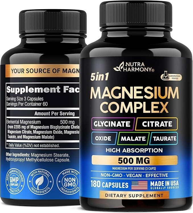 Magnesium Supplement – 5 in 1 Complex 500 Mg | Glycinate | Citrate | Malate | Ta