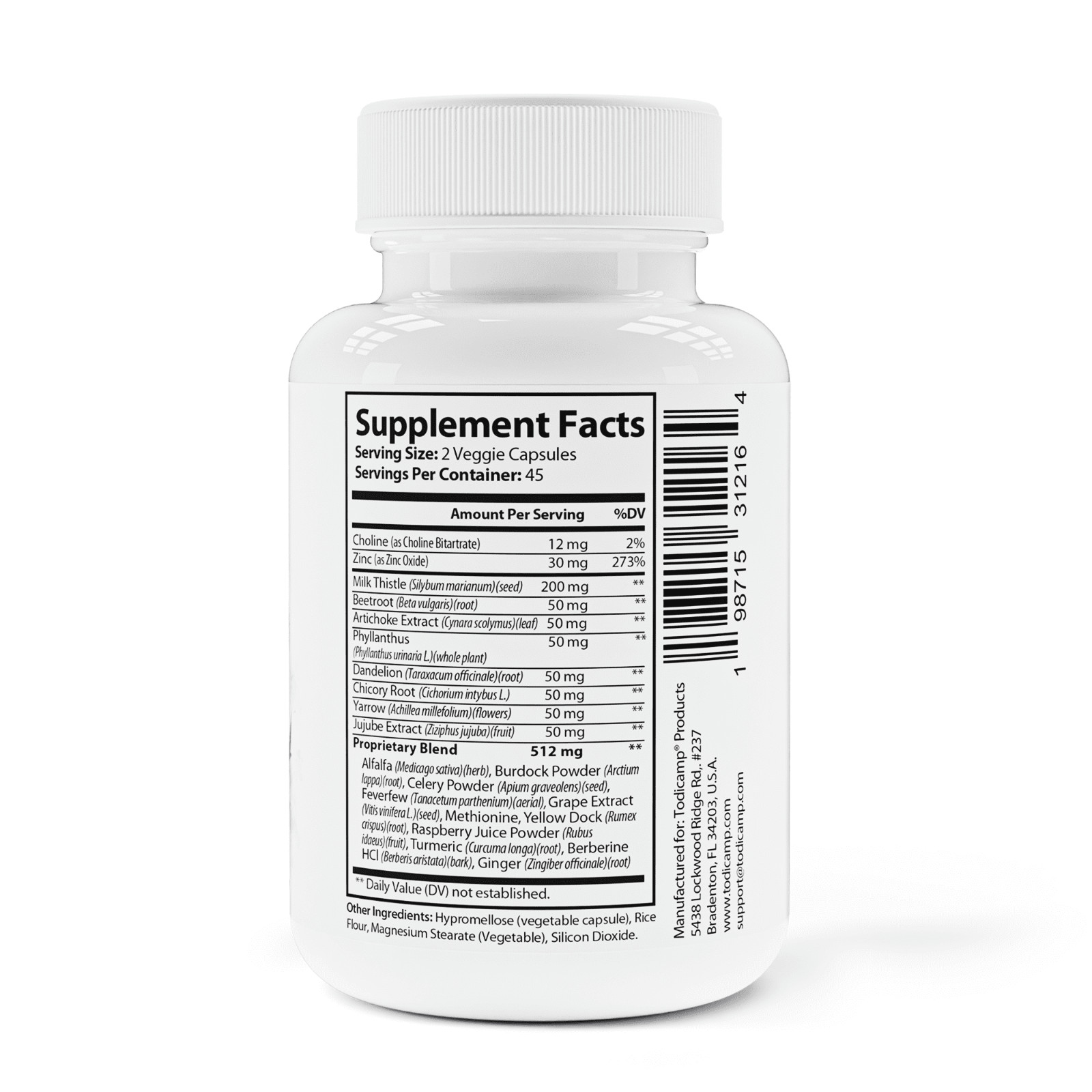 TODICAMP Liver Health Milk Thistle, Artichoke Extract, Choline 90 Caps Exp 6/27