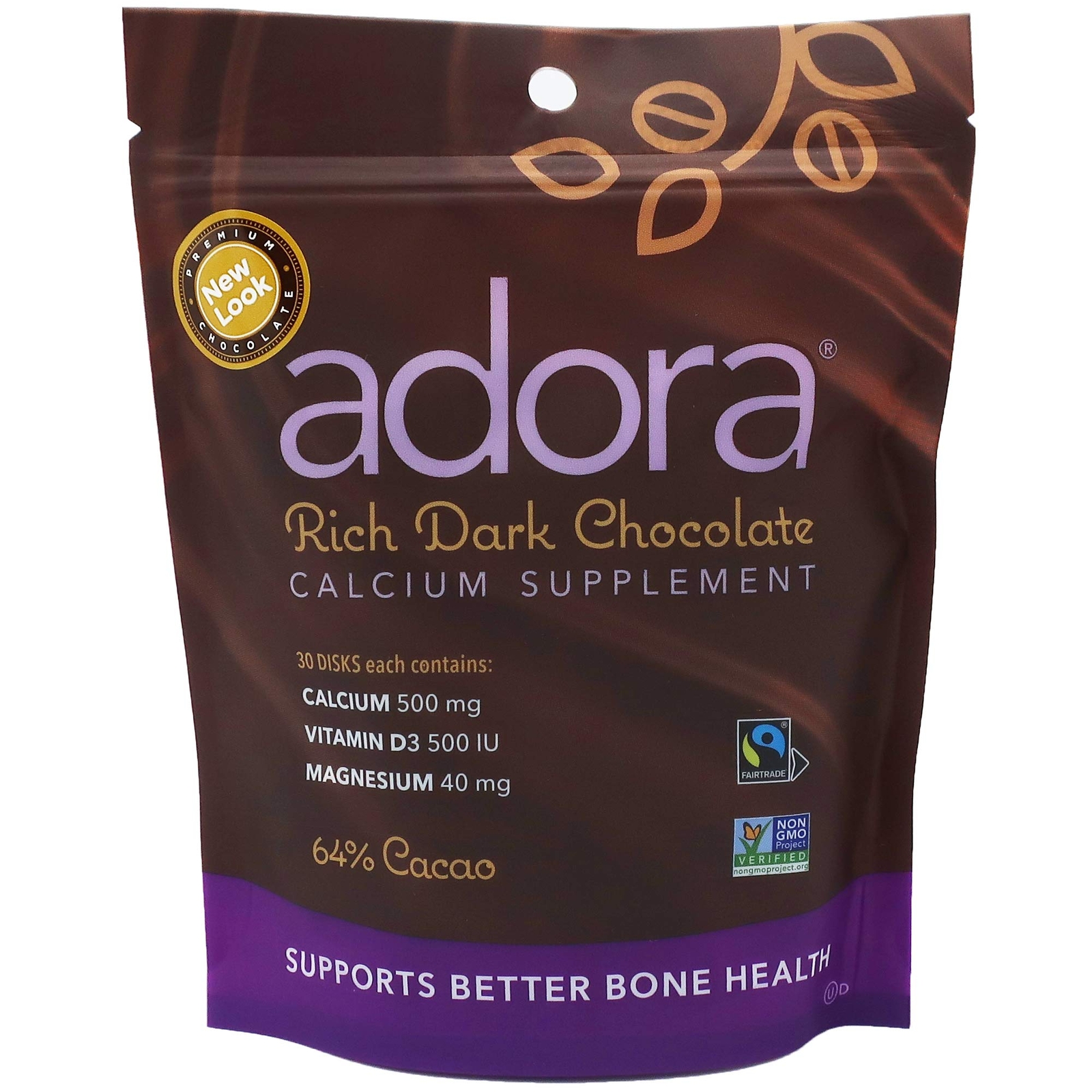 Adora Calcium Supplement Disks Dark Chocolate 30 Count Non GMO Kosher Fairtrade