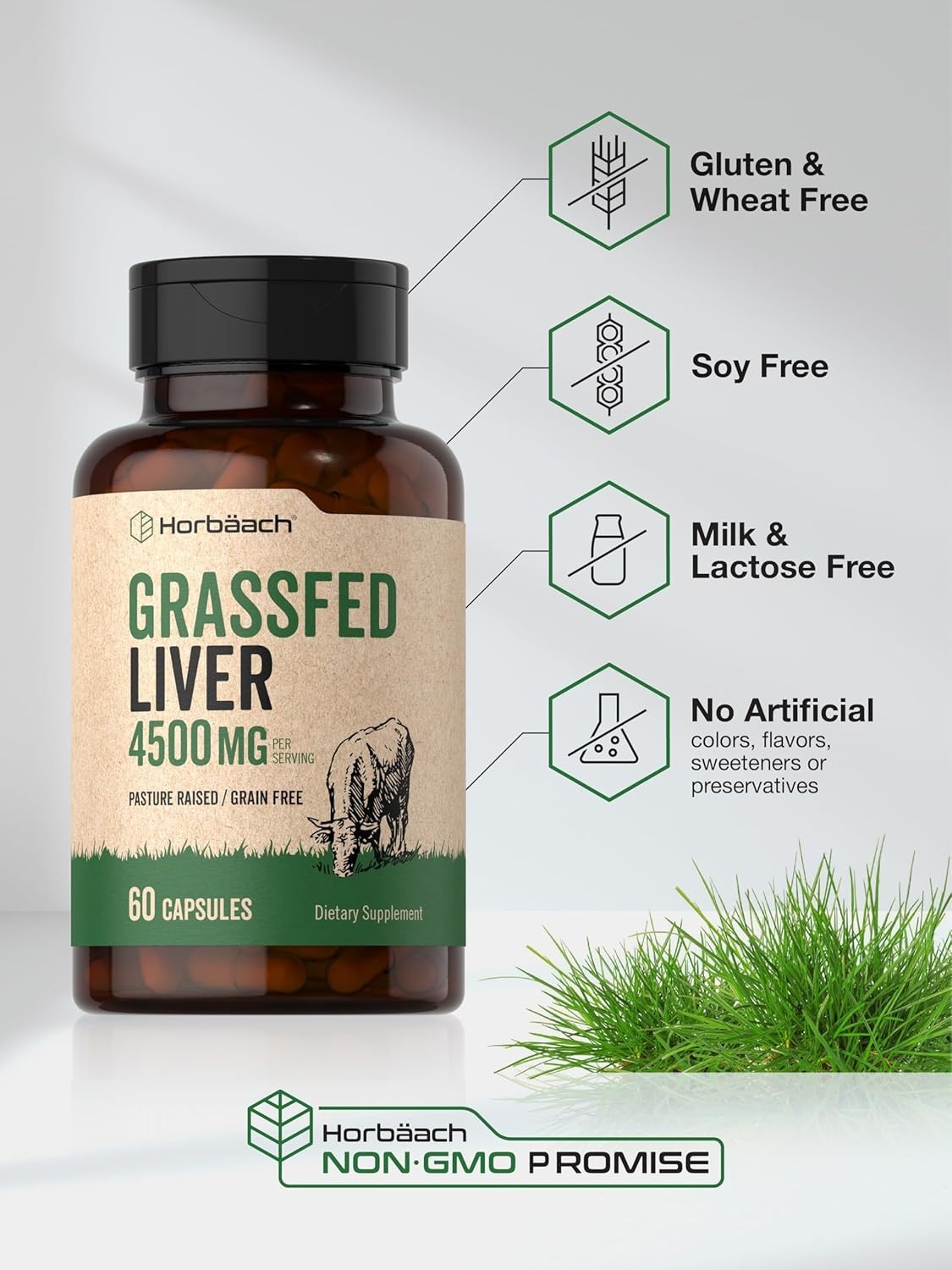 Grass Fed Beef Liver Supplement 4500mg, 90 Count Pasture Raised Non-GMO Horbaach