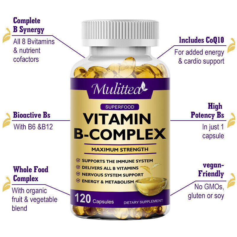 Vitamin B Complex 120 Capsules B1,B2,B3,B5,B6,B7,B9,B12, Immune Support Pills